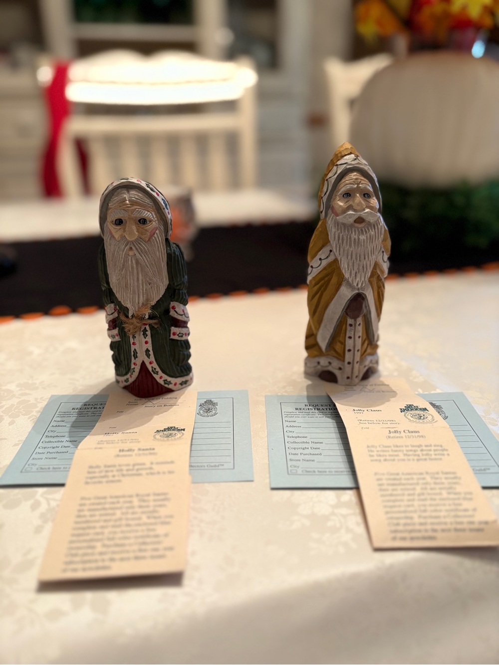 Vintage Hand-Carved Jolly Claus Santa Figurines Set of 2 w/ Registration Cards